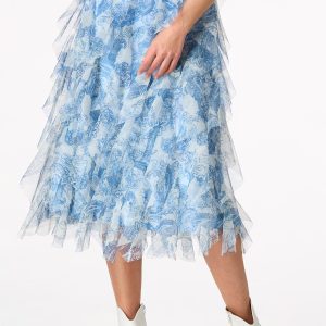 Floral Mesh Ruffled Midi Skirt