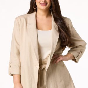 Plus Size Solid Linen Boyfriend Blazer