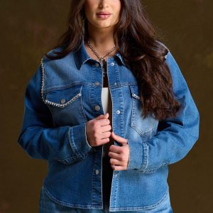 Plus Size Rhinestone Trim Denim Jacket