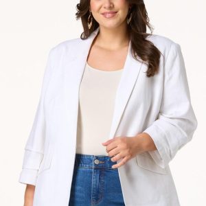 Plus Size Solid Linen Slant Pocket Blazer