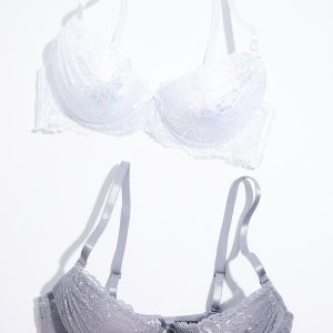 Plus Size Iridescent Ivory Gray Lace Bra Set