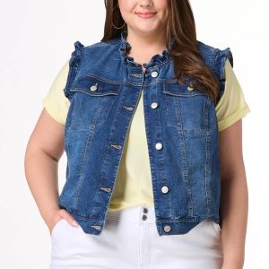 Plus Size Ruffled Trim Denim Vest