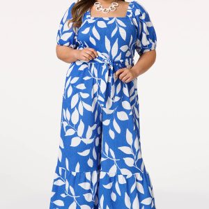 Plus Size Textured Smocked Leaf Print Jumpsuit