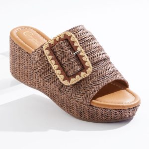 Wide Width Raffia Buckle Platform Wedges