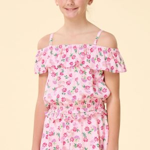 Girls Pink Floral Ruffle Tank
