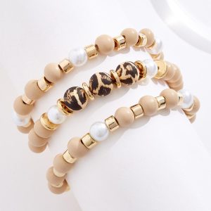 Wood Leopard Pearl Stretch Bracelet Set