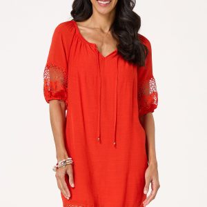 Crepe Lace Trim Swing Dress