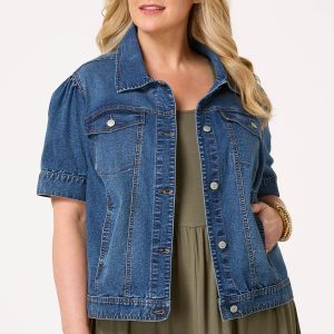 Plus Size Puff Sleeve Denim Jacket