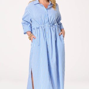 Plus Size Tie Waist Striped Shirt Dress