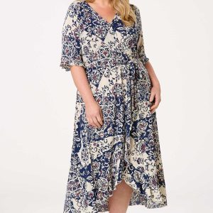 Plus Size Patchwork Floral Wrap Midi Dress