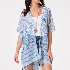 Floral Border Print Tassel Kimono