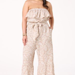 Plus Size Strapless Leaf Print Jumpsuit