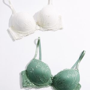 Plus Size Green Ivory Lace Push- Up Bra Set