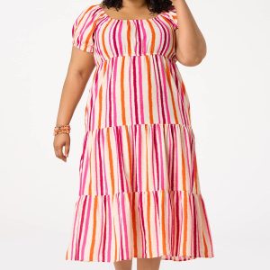Plus Size Dye Stripe Puff Sleeve Midi Dress