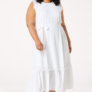 Plus Size Solid Ruffled Trim Midi Dress