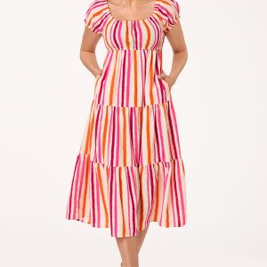 Dye Stripe Puff Sleeve Midi Dress