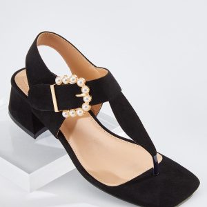 Pearl Buckle Block Heel Sandals