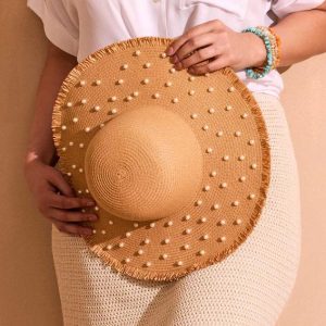 Pearl Embellished Straw Floppy Hat