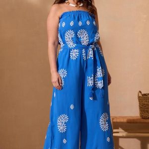 Plus Size Strapless Puff Paisley Jumpsuit