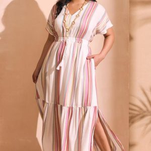Plus Size Multicolor Striped Tassel Waist Dress