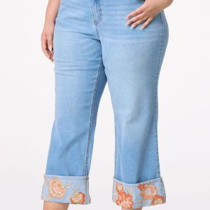 Plus Size Cropped Floral Embroidered Cuffed Jeans