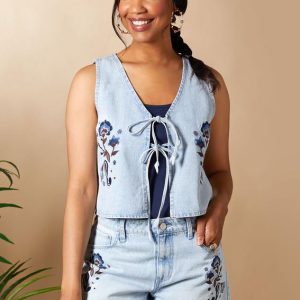 Embroidered Tie Denim Vest