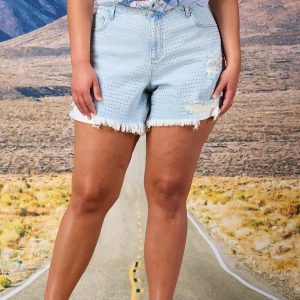 Plus Size Distressed Rhinestone Denim Shorts