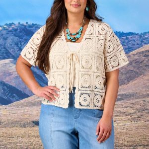 Plus Size Crochet Medallion Tie Front Cardigan