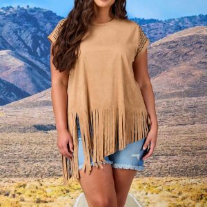 Plus Size Studded Suede Fringe Tunic