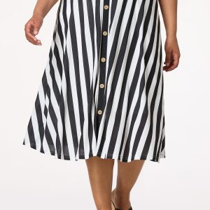 Plus Size Black White Stripe Midi Skirt