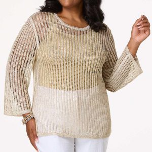 Plus Size Open Knit Sequin Yarn Sweater