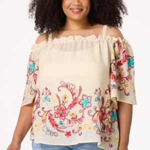 Plus Size Embroidered Cold Shoulder Top