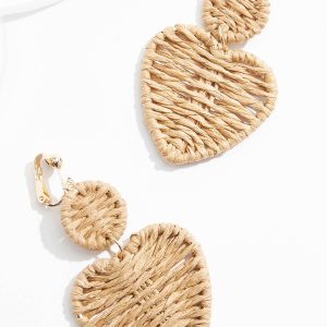 Clip- On Raffia Heart Dangly Earrings