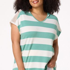 Plus Size Hooded Stripe Mesh Panel Top