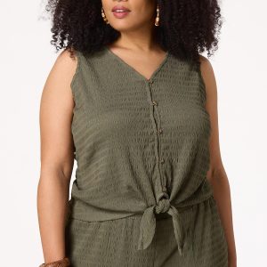 Plus Size Textured Button Tie Hem Tank