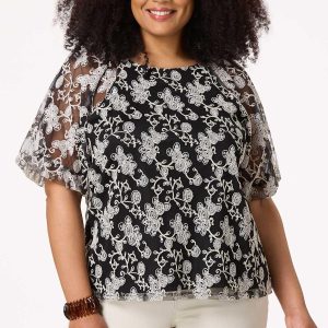 Plus Size Black White Embroidered Floral Top