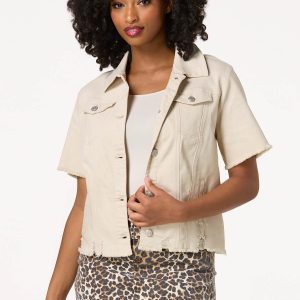 Frayed Short Sleeve Beige Denim Jacket