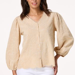 Floral Embroidered Balloon Sleeve Top