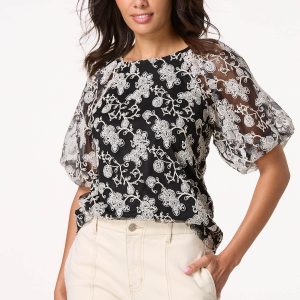 Black White Embroidered Floral Top