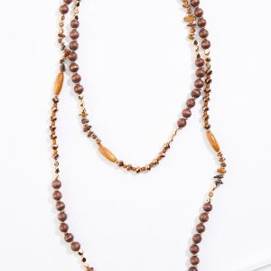 Semi- Precious Gold Wood Beaded Long Layered Necklace