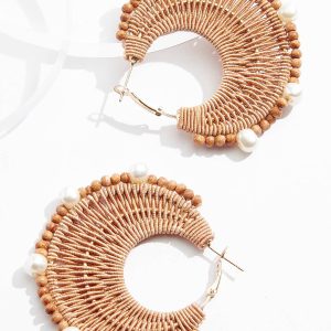 Raffia Wood Pearl Hoop Earrings
