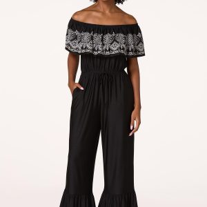 Flounced Off Shoulder Embroidered Jumpsuit