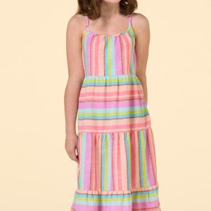 Girls Tiered Multi Stripe Dress