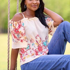 Embroidered Cold Shoulder Top