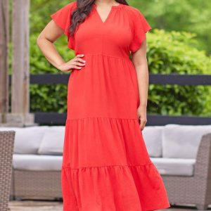 Plus Size Tiered Flutter Sleeve Midi Dress