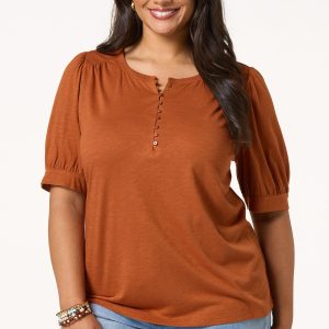 Plus Size Puff Sleeve Henley Top