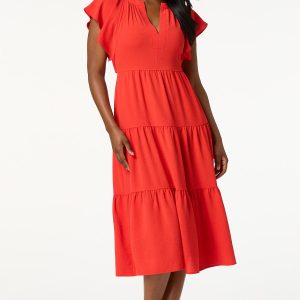 Tiered Flutter Sleeve Midi Dress