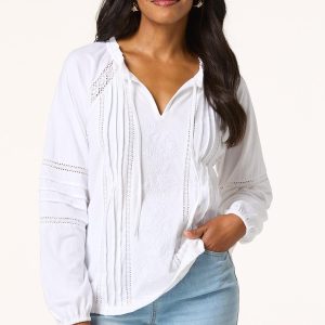 Floral Lace Embroidered Tie Neck Top