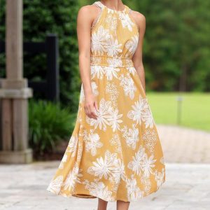 Golden Embroidered Mesh Midi Dress