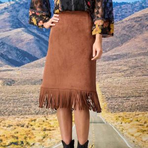Faux Suede Fringe Hem Skirt
